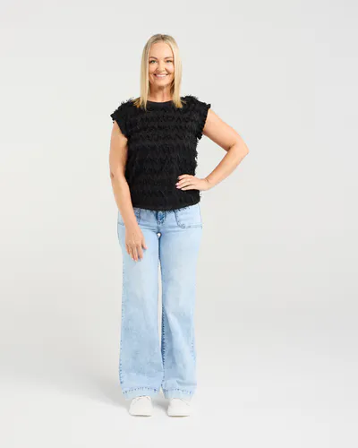 Model wearing Black Tassel Charlotte Top By Zafina Available at Beetees Nelson